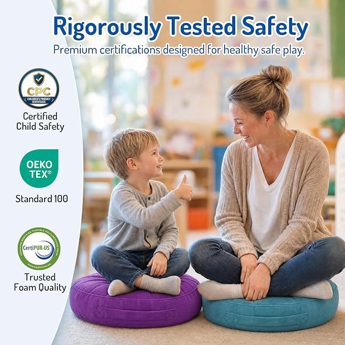 Floor Cushions For Kids 6Pack, Round Flexible Classroom Seating, 15 inch | Waterproof Floor Pillows With Handles, Safe Smolder Resistance Sitting Pillow For Elementary, Daycare & Reading, Assorted - Image 5
