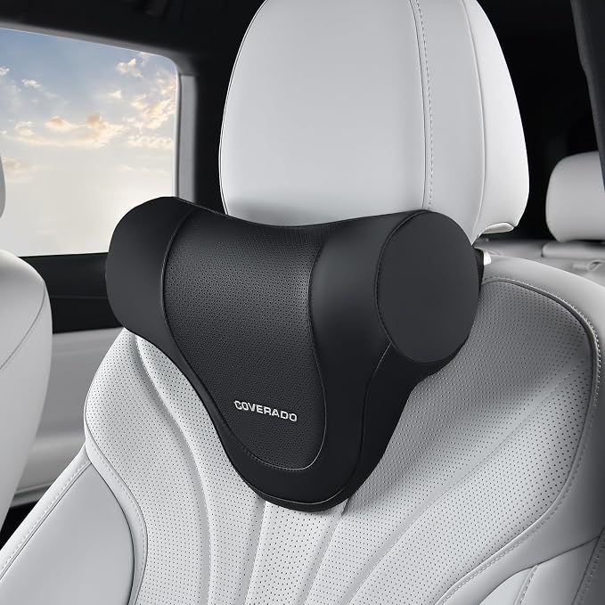Coverado Car Headrest Pillow, Ergonomic Memory Foam Car Neck Pillow for Driving Seat with Adjustable Strap, Soft PU Leather Breathable Removable Cover Neck Support for Neck Pain Relief by COVERADOAUTO