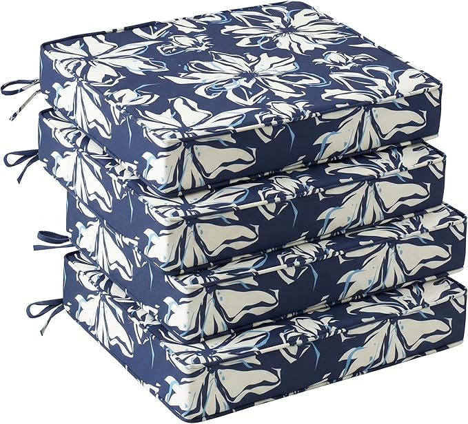 UNIKOME Outdoor Chair Cushions Set of 4, Water Resistant Patio Seat Cushions with Ties for Outdoor Furniture, High-Density Foam, UV & Fade Resistant, Piped Edge – 18.5" x 16" x 3", Blue-White Flower by UNIKOME