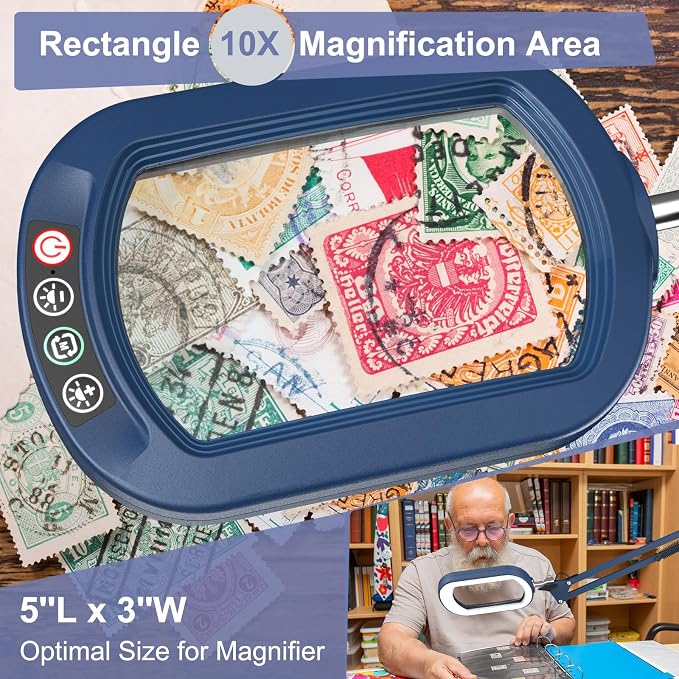 16" Extra Long Magnifying Glass with Light and Clamp, Real Glass, 5 Color Modes, Stepless Dimmable, Lighted Magnifier with Stand Hands Free, LED Swing Arm Desk Lamp for Close Work, Craft, Blue - Image 3