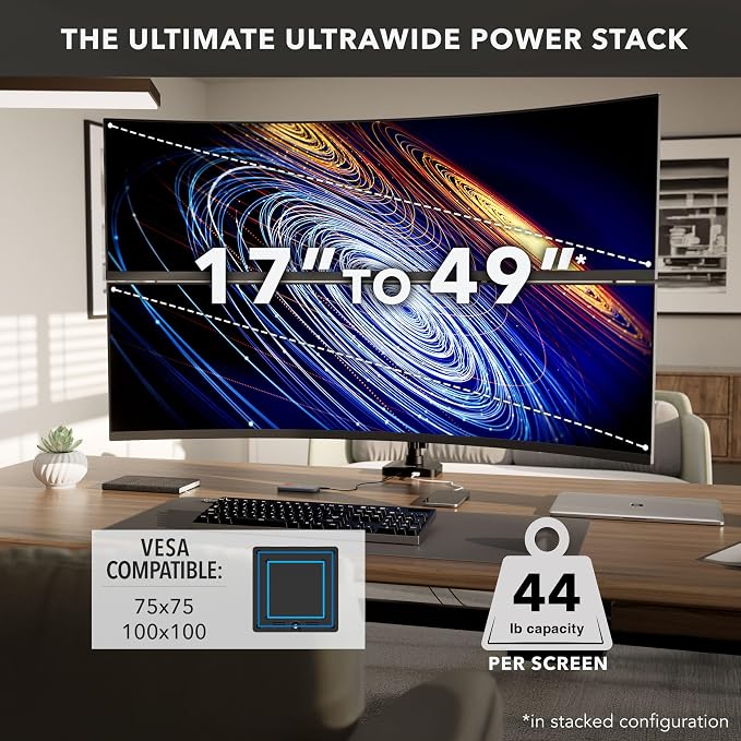 Mount-It! Proflex Series Stacking Dual Ultrawide Monitor Arm for 17–49” Screens, Height-Adjustable Pole, Heavy Duty Gas Spring, USB-C & USB 3.0, Full Motion, VESA 75/100, Clamp or Grommet | Height-adjustable pole with heavy-duty gas spring arms fits 17... - Image 7