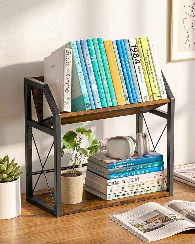 Desktop Bookshelf, Wooden Desk Shelf Organizer, Brown | 2-Tier Desk Top Storage Rack for Office, Dorm, Bedroom Decor, Small Tabletop Shelf for Books, Plants & Accessories - Image 8