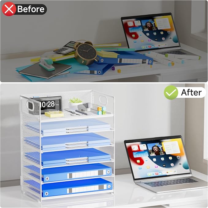 Paper Organizer for Desk with Handle, 6-Tier | Metal Mesh File Organizer, Stackable Letter Tray for Office Documents & Stationery Storage - Image 6