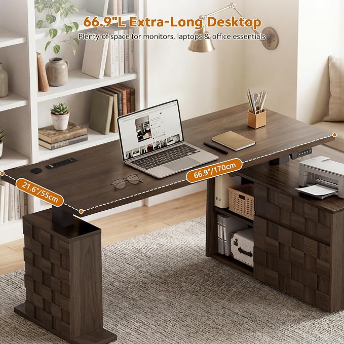 67" L Shaped Standing Desk with Drawers Electric Corner Desk Brown | Adjustable Sit Stand Office Desk with 4 AC Outlets & Type C Port, Executive Computer Desk with Cabinet - Image 4