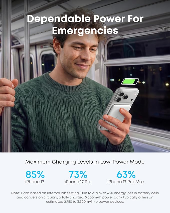 Anker Nano Magnetic Power Bank, 5,000mAh Qi2-Certified 15W Portable Charger (White) | Ultra-Slim Wireless Battery Pack with Ergonomic Design, Compact for Travel, for iPhone 17 / 16 Series and More - Image 6