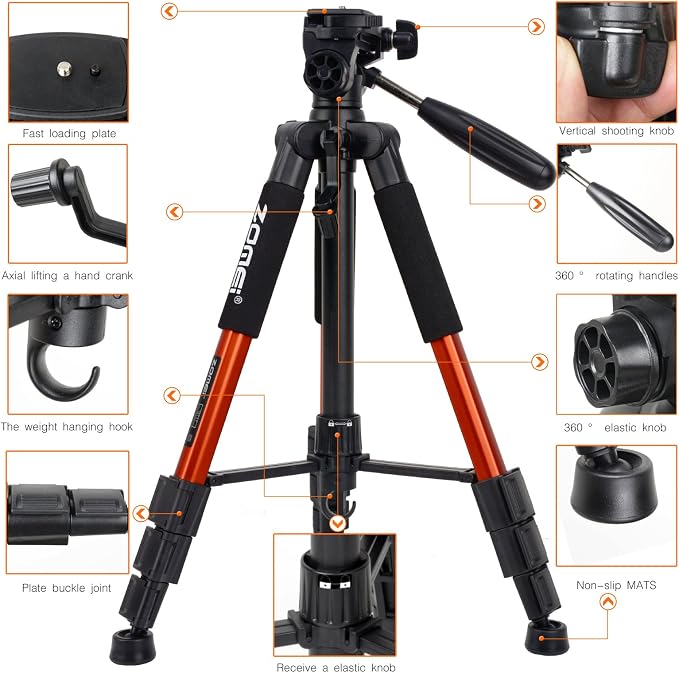 Compact Light Weight Travel Portable Aluminum Camera Tripod Q111 55" for Canon Nikon Sony DSLR Camera YouTube Phone with Carry Case (Orange) - Image 2