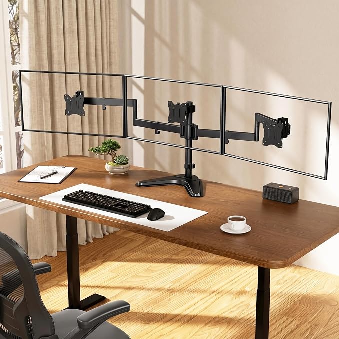 Triple Monitor Stand fits 3 Screens up to 27 Inches, Freestanding | Cable Management, Heavy Duty, Fully Adjustable, Weighted Base, 22 lbs Capacity per Arm, Black - Image 2