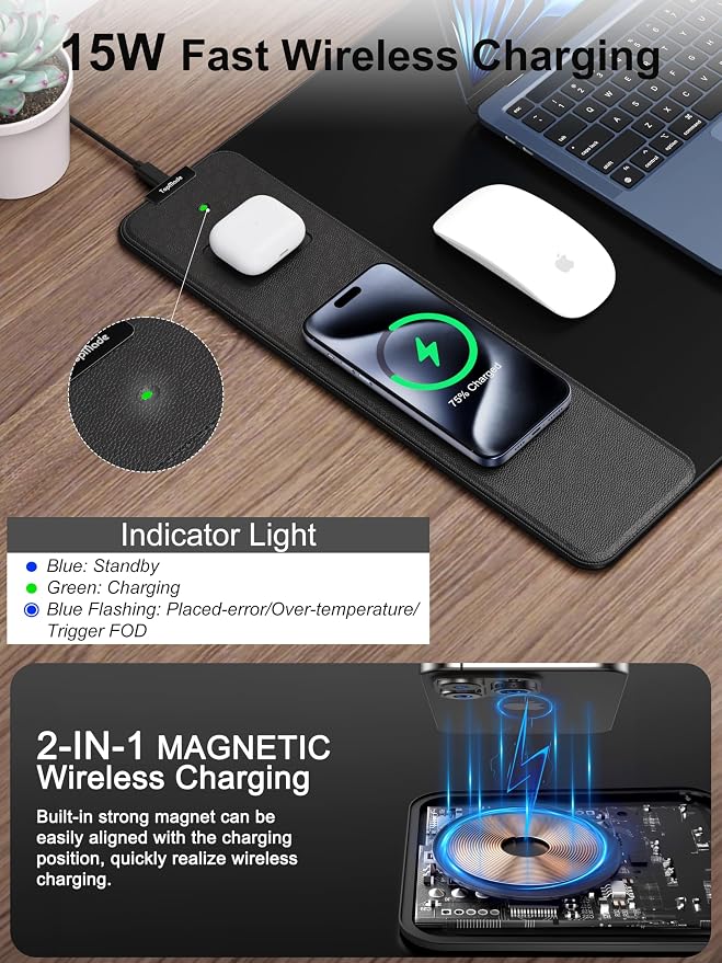 TopMade Mouse Pad with 15W Fast Wireless Charging, 35.43"x15.75" XXXL Large Gaming Mousepad, Waterproof Desk Pad, Classic Black Computer Desk Mat(Includes 20W PD Power Adapter & 6.56ft Woven Cable) - Image 2