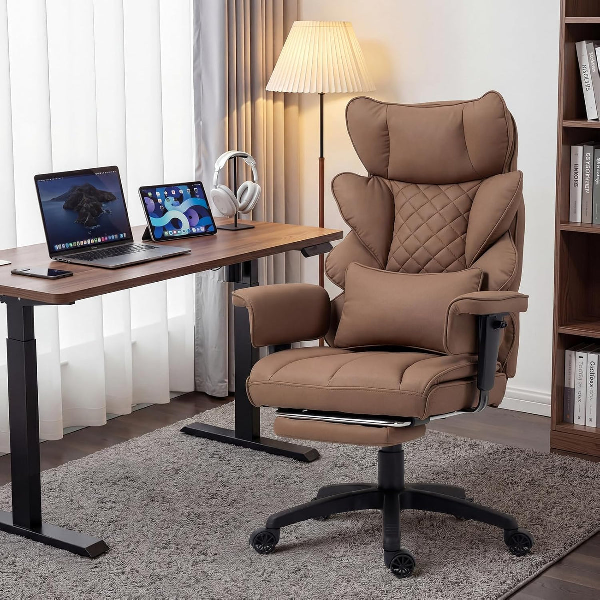 Dowinx Big and Tall Office Chair with Pocket Spring Cushion,High Back Computer Gaming Chairs with Adjustable Armrests,Executive Desk Chairs with Lumbar Support and Footrest,PU-Brown - Image 2