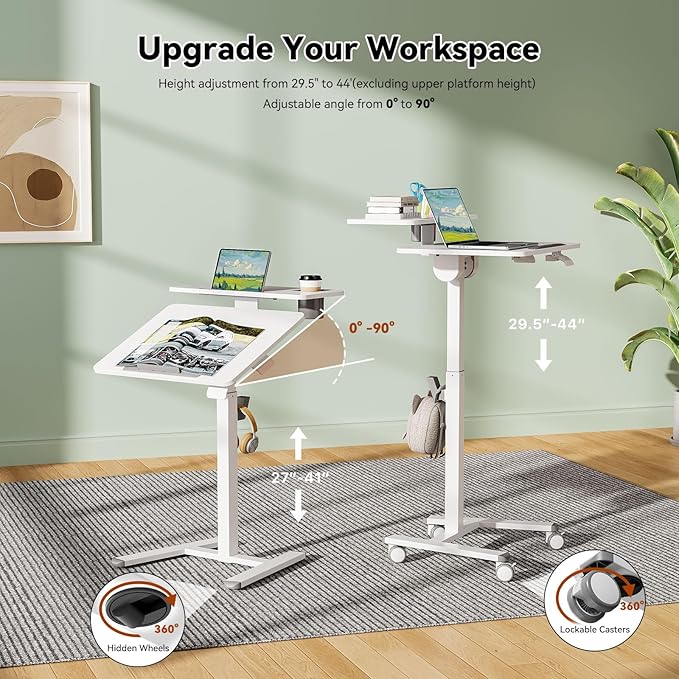 24" Mobile Standing Desk, Tiltable Top with 2-Tier Shelves, White | Pneumatic Rolling Desk, Adjustable Height Small Computer Workstation, Portable Drafting Table with Locking and Hidden Wheels - Image 4