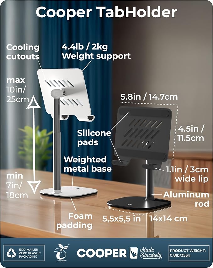COOPER TabHolder Tablet Holder, iPad Stand for Desk, Portable Monitor Stand | Height Adjustable, 270° Tilt, Weighted Base; Fits iPad Pro, Kindle, Galaxy Tab, 15.6-17" Monitors 4.4 lbs; desk, kitchen, bed - Image 8