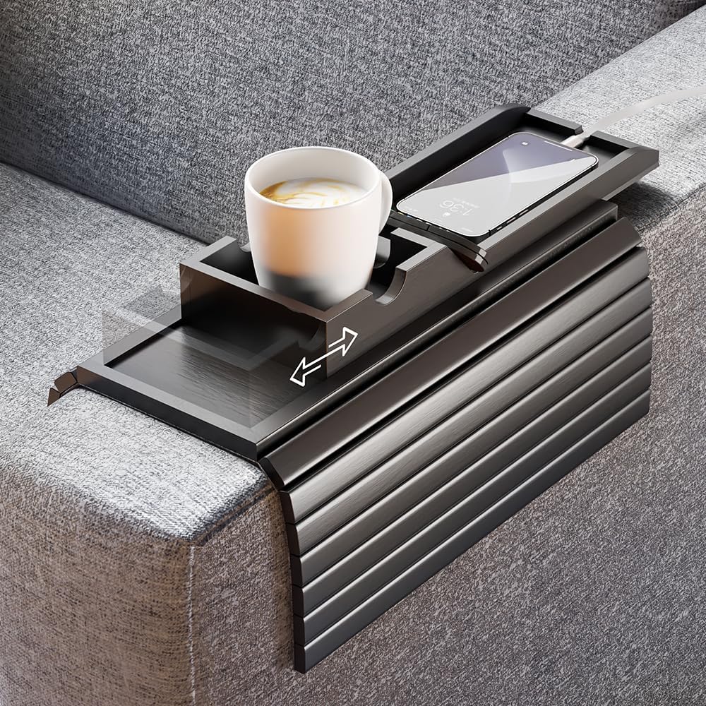 Bamboo Couch Armrest Table with Detachable Cup Holder Tray (Black) by Bestjing
