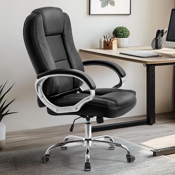 NEO CHAIR Office Desk Chair PU Leather Chair with Lumbar Support, Jet Black | Ergonomic High Back Executive Computer Chair, Comfortable Padded Fixed Armrests Swivel Chair with Wheels for Office/Home - Image 2