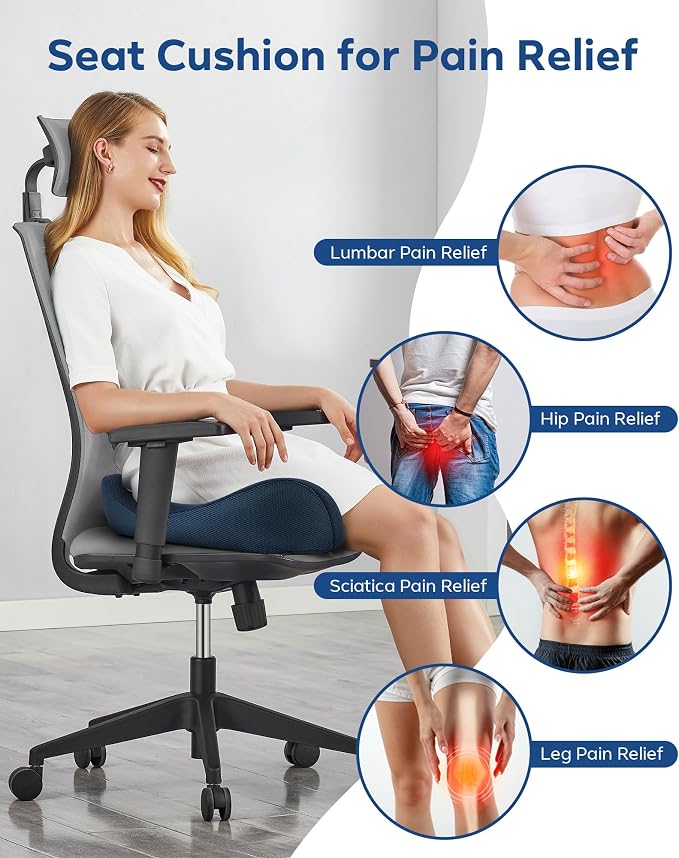 Seat Cushion - Memory Foam Ergonomic Seat Cushion -for Long Sitting | Seat Cushion for Tailbone Pain Relief - for Desk Chair, Car& Wheelchair Car Seat Pad for Hip and Lower Back Comfort Blue - Image 2
