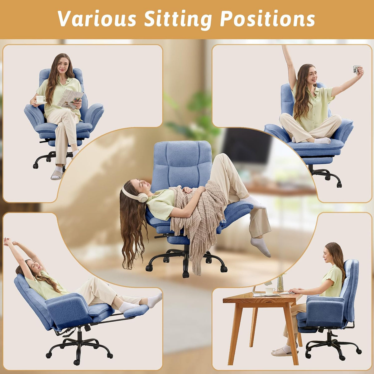 Wider Seat Office Chair with Flip Armrests for Criss Cross Legged&Cats, Big and Tall Executive Ergonomic Reclining Chair with Footrest&Lumbar Pillow, Teddy Fleece Desk Chair,Pink Vanity Chair - Image 7