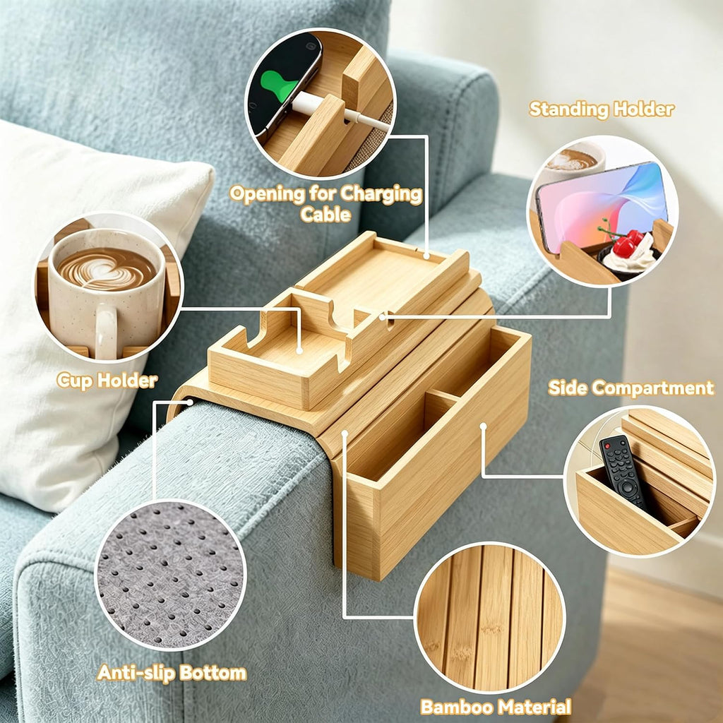 Couch Arm Tray,Foldable Sofa Caddy with Cup Holder,Natural - Image 6