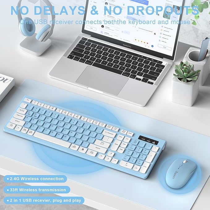 Wireless Keyboard and Mouse Combo Silent for Office and Home(Sky Blue-A) | 2.4G Full Size Silent Cordless Keyboard with Tilt Legs,3-Level DPI Quiet Mouse,for Windows/Mac OS/Desktop/Laptop/PC - Image 2