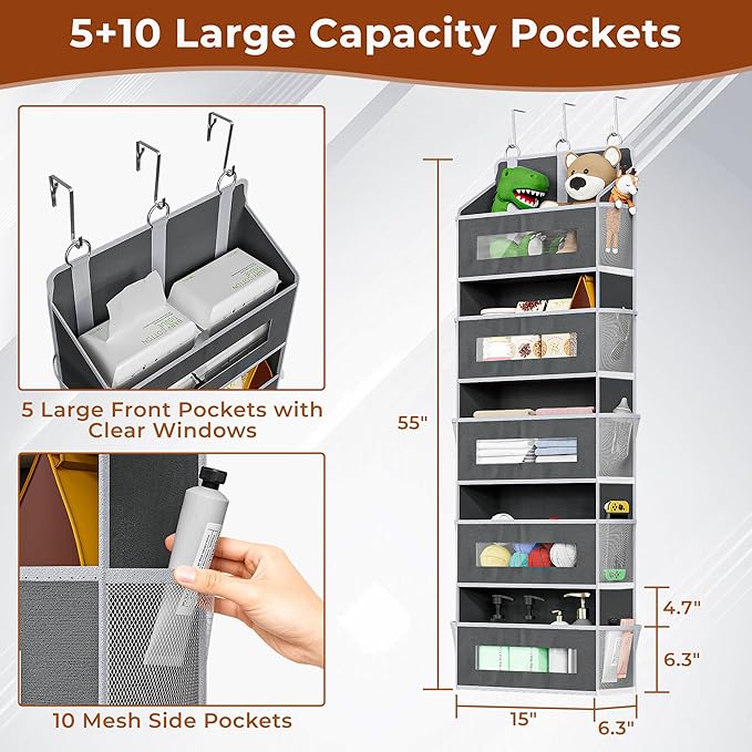 5 Tier Over the Door Organizer Space-Saving Storage for Any Room | Grey Hanging Closet Organizer with 10 Mesh Pockets and Clear Windows, Closet Organizers and Storage for Bathroom, Bedroom - Image 2