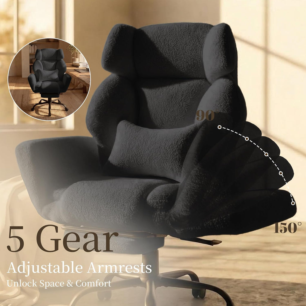 Office Chair with Flip Armrests,Comfy Criss Cross Chair for Pets Sitting,Big and Tall Office Chair with Foot Rest,Extra Wide Seat & Lumbar Pillow,Ergonomic Computer Gaming Chair,Teddy Fleece,Black - Image 4