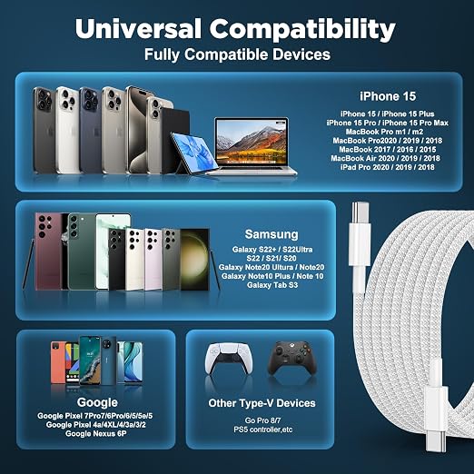 UCALMA USB C to USB C Cable [6FT+6FT+10FT] 3Pack 60W Long iPhone 17 16 15 Charger Cord Type C to C Cable Fast Charging for Apple iPhone 17 16 15 Pro Max Plus/MacBook Air/iPad Air/Samsung Galaxy - Image 6