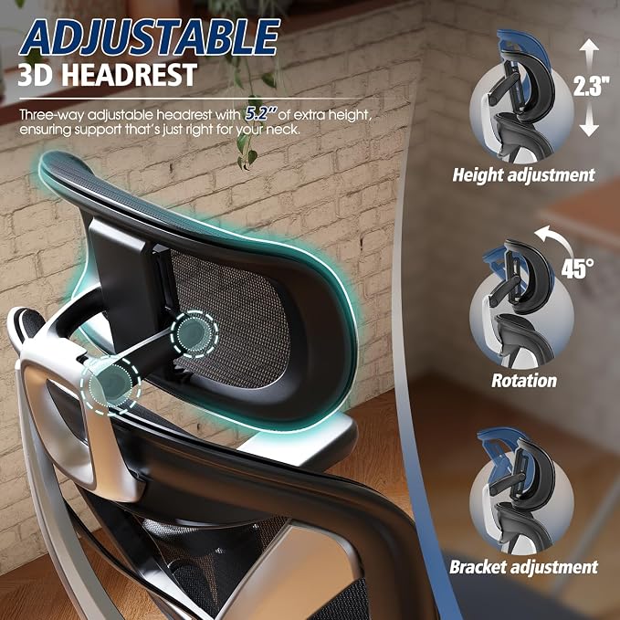 Ergonomic Office Chair, Big and Tall Mesh Chair with Lumbar Support, 3D armrest - 215° Rotation, Adjustable Headrest & Soft Seat, Durable Computer Chair 350LBS for Work Gaming - Image 5