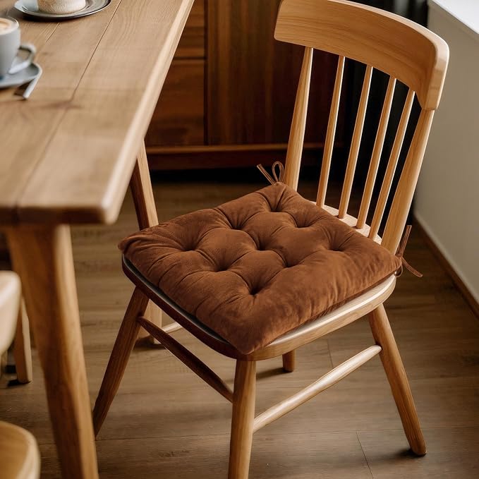 ELFJOY Set of 4 Square Chair Pads Indoor Seat Cushions Pillows with Ties Thick Soft Seat Cushion for Kitchen Dining Office Chair (18", Coffee) - Image 7