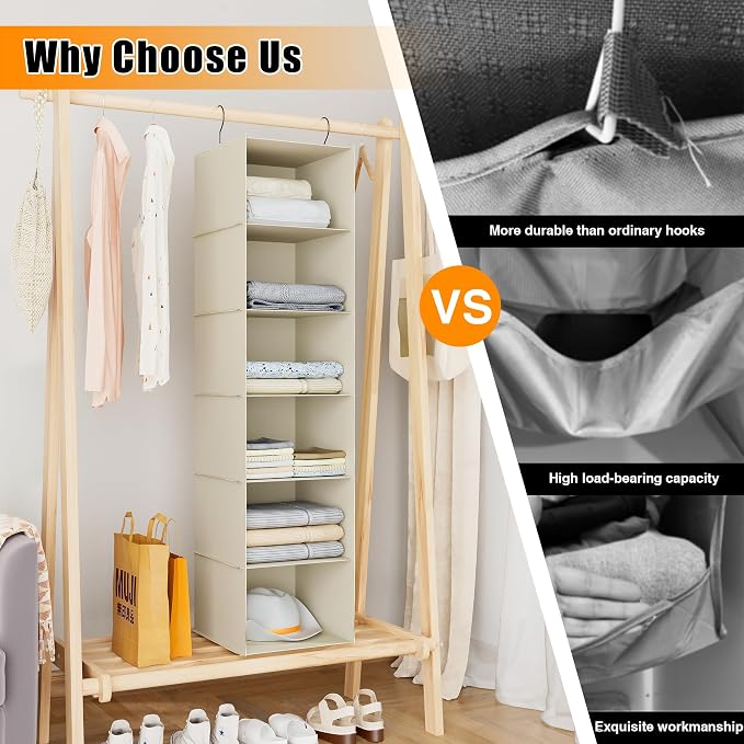 Hanging Closet Organizer 6-Shelf, Oxford Fabric Wardrobe Storage, Beige | Easy-mount foldable design holds clothes, handbags, shoes & accessories; washable Oxford fabric, sturdy and space-saving. - Image 7