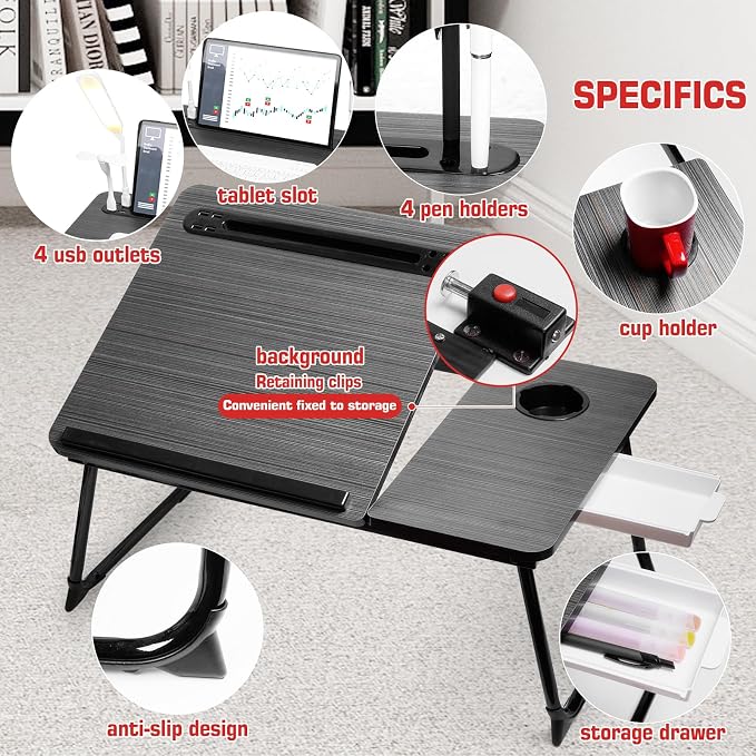 CloudTrip Plus XL Adjustable Laptop Desk with Light, USB Port, iPad Holder, Drawer Storage - Larger 23.6IN Adjustable Lap Desk for Bed, Home Office, Breakfast Tray, Fordable Legs Desk (Black) - Image 4