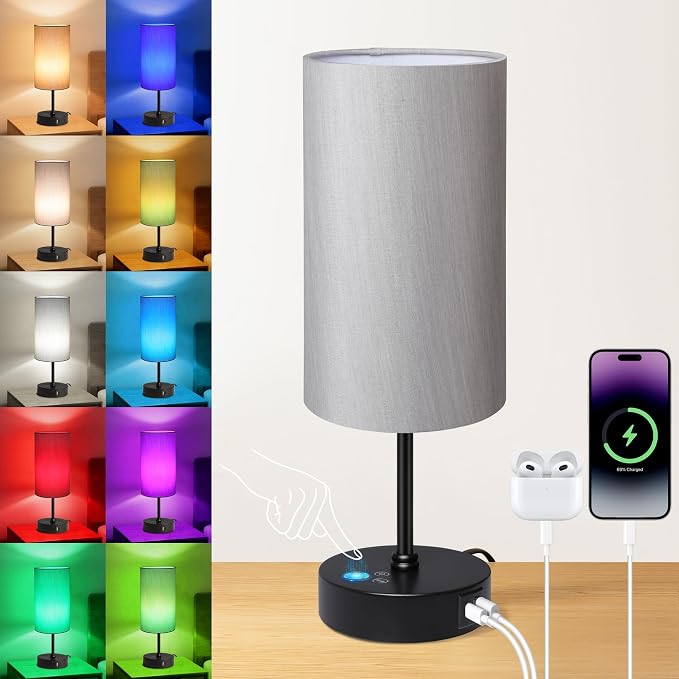 Table Lamp for Bedroom, 3 Color Temperatures, 7 RGB Colors, Adjustable Brightness, Dual USB Charging Ports, Ambience Nightstand Light with Grey Shade, Desk Lamp for Kids Reading Home Office by Unicozin