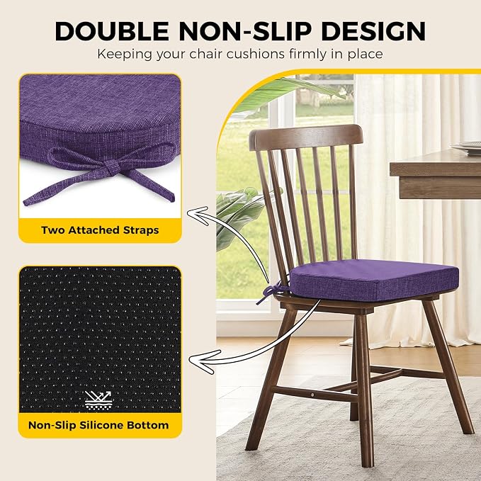 downluxe Indoor Chair Cushions for Dining Chairs, Soft and Comfortable Textured Foam Kitchen Chair Pads with Ties and Non-Slip Backing, 16" x 16" x 2", Purple, 4 Pack - Image 4