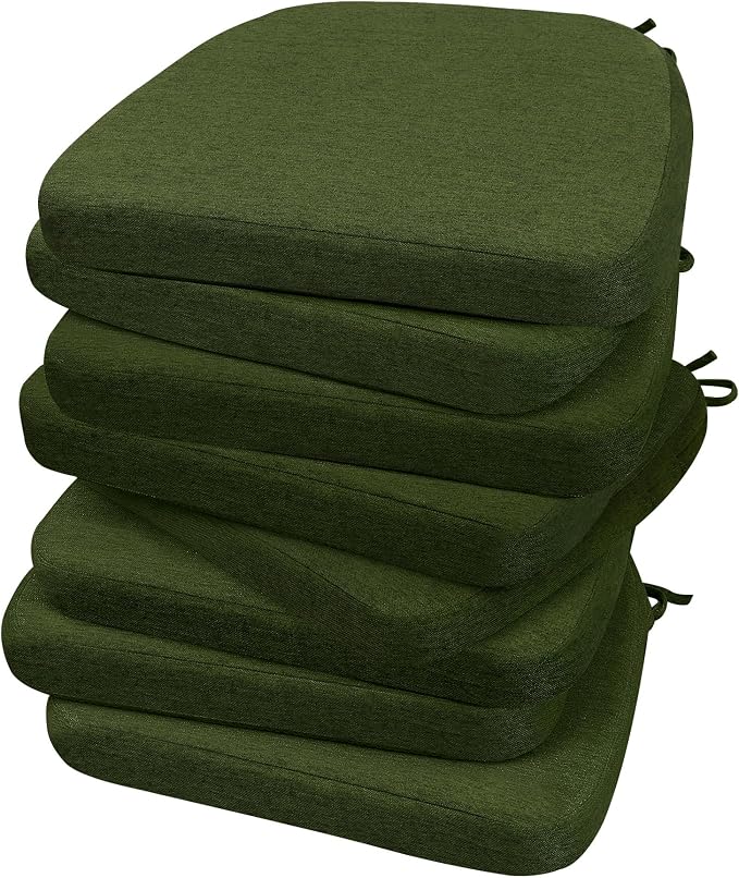AAAAAcessories D-Shaped Chair Cushions, 2" Thick Dining Chair Pads with Ties and Removable, Machine-Washable Cover, 17" x 16", Set of 8, Dark Olive Green by AAAAAcessories