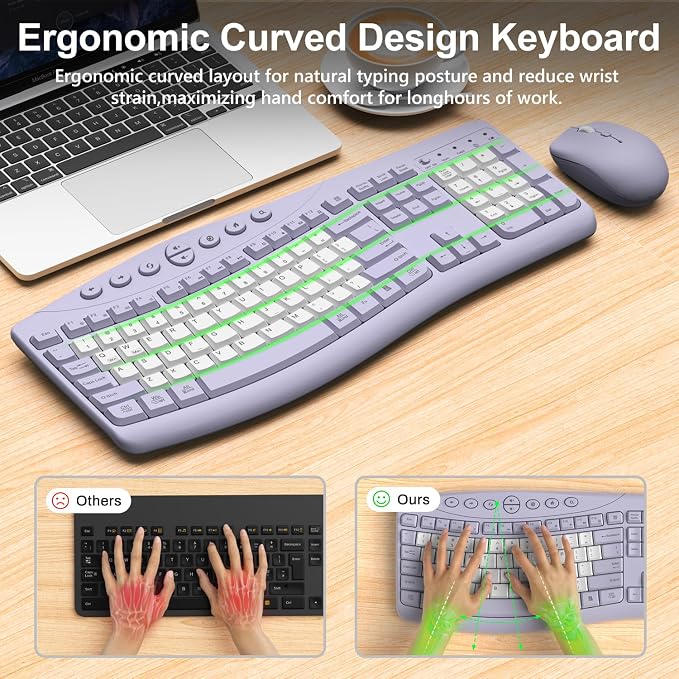 Wireless Keyboard and Mouse Combo, 2.4G Quiet Ergonomic Curved Keys (Purple-B) - Image 2