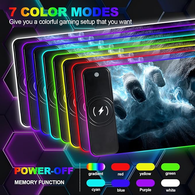 Wireless Charging RGB Gaming Mouse Pad, 31.5 x 11.8 Inch Extended Mouse Mat with Dark Skull Design, LED Desk Pad with 7 Lighting Modes, Non-Slip Base for Gaming & Office - Image 3