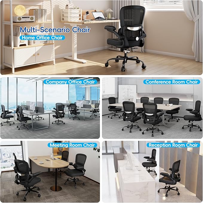 TRALT Ergonomic Office Chair Desk Chair with Adjustable Lumbar Support | Desk Chair Comfy with Flip-up Armrests Ergonomic Chair - Mesh Computer Chairs for Adults, 330lbs, PU Leather (Black, 6) - Image 3