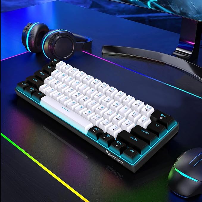 Snpurdiri 60% Wired Mechanical Gaming Keyboard (Black-White, Blue Switches) | Ice Blue LED Backlit 61 Keys Mini Wired Office Keyboard for Windows Laptop PC Mac - Image 7