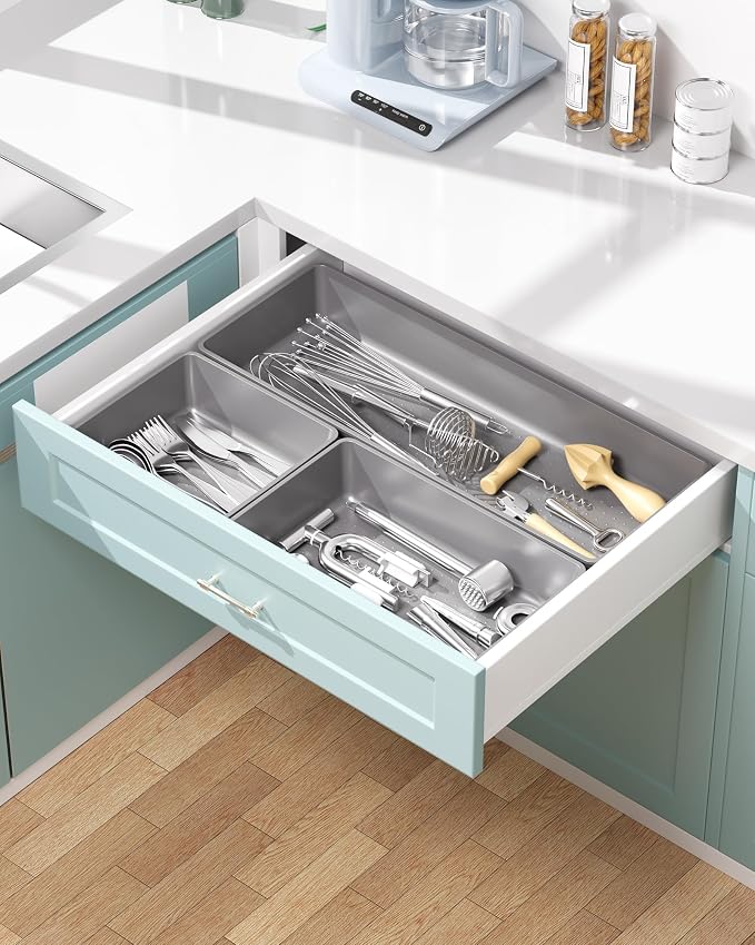 10 Pack Large Size Plastic Drawer Organizers Set, 3 Sizes Desk Drawer Organizer Trays, Storage Bins for Vanity, Makeup, Bathroom, Kitchen Utensils and Office (Gray) - Image 6