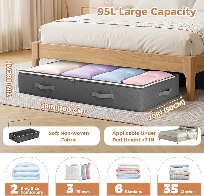 Budding Joy 95L Under Bed Storage Containers, 4 Pack Closet Organizers Grey | Foldable underbed storage bins for linen sheets, blanket, clothing, comforter, sweaters, pillows, wrapping paper - Image 3