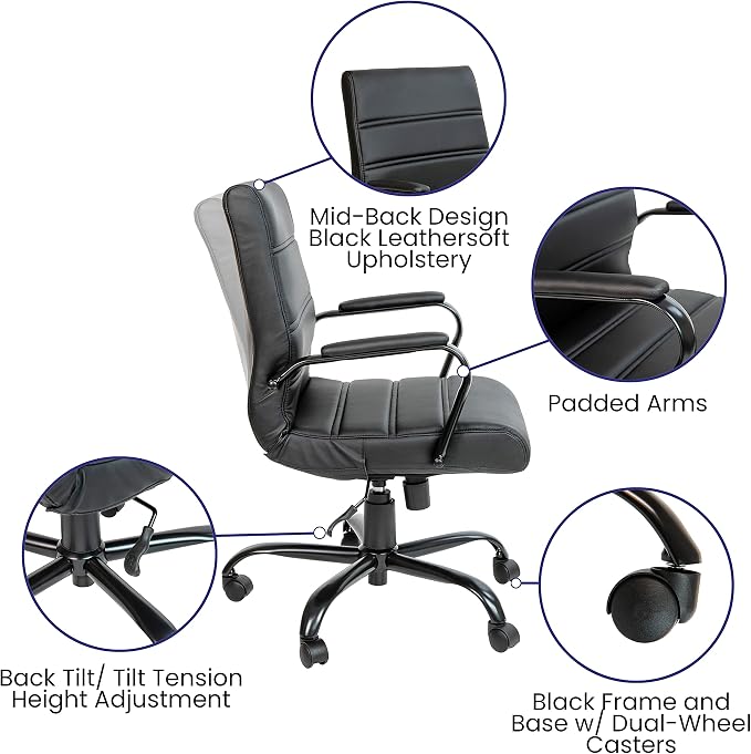 Flash Furniture Mid-Back LeatherSoft Executive Office Chair, Black/Black | 360° Swivel, Height Adjustable, Commercial Grade - Image 4