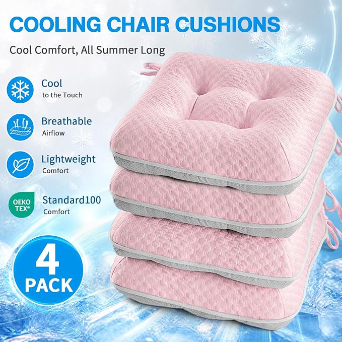 BETU Cooling Chair Cushions Set of 4, 3.5” Thick Seat Cushions, Breathable Comfort Fabric Chair Pads with Non Slip Bottom & Ties, Soft Support Cushion for Kitchen, Office, Patio,15.5"X15.5"X3.5"Pink - Image 4