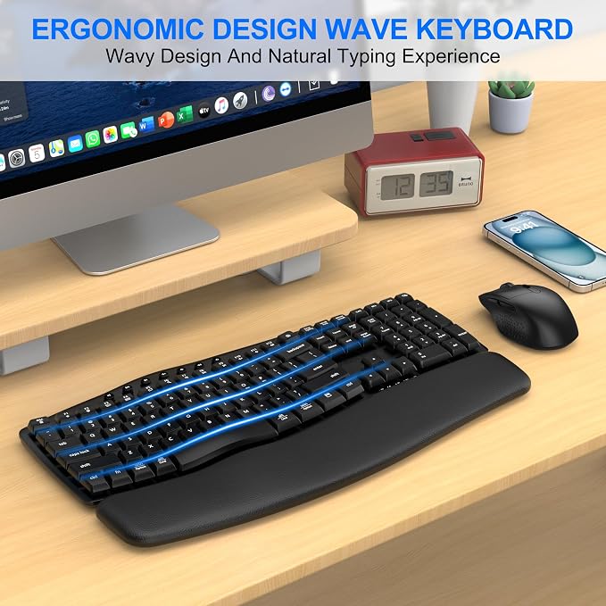 Ergonomic Wireless Keyboard Mouse Combo, EDJO Bluetooth/2.4G Dual-Mode Connection, Soft Foam Wrist Rest, Silent Typing, Waves Key Design and 3-Level DPI Adjustable Wireless Mouse for Windows, Mac OS - Image 2