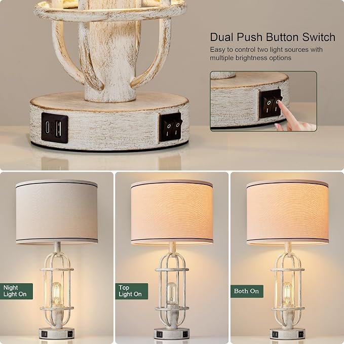 Reaketon 22.3" Farmhouse Table Lamps Set of 2, Vintage Lamps for Living Room End Tables, Bedroom Lamp for NightStand with USB C+A Ports, Antique White - Image 2