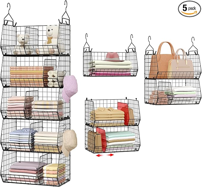 5 Tier Extra Large Closet Hanging Organizer with 5 Dividers,16.5"L x 11.8"W x 51.4"H Closet Organizers and Storage with 5 S Hooks,Clothes Organizer for Sweaters Clutches Handbags Hats Accessories by Jautokerdar