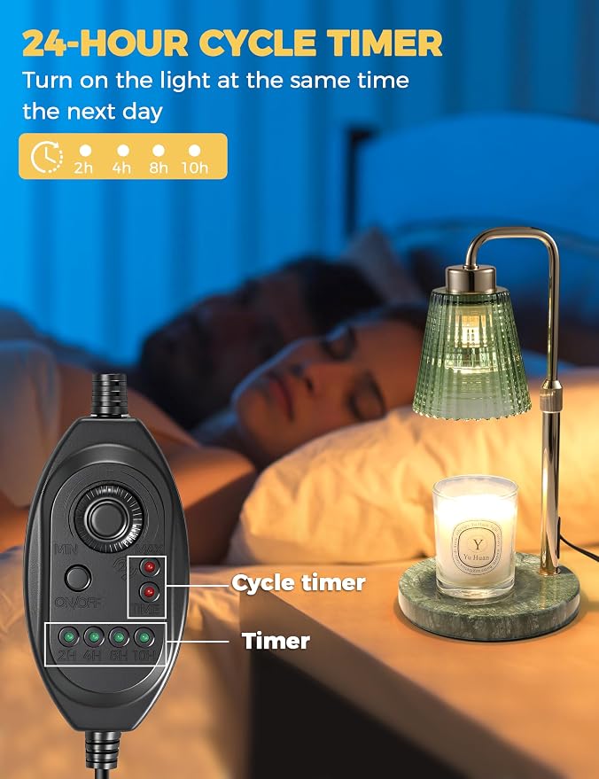 Marble Candle Warmer Lamp Green with Cycle Timer, Dimmable Wax Melt Warmer | 24h Cycle Timer Dimmable Wax Melt Warmer with 2 Bulbs, Fall Decor for Home Living Room Halloween Decorations Gifts for Mom - Image 4