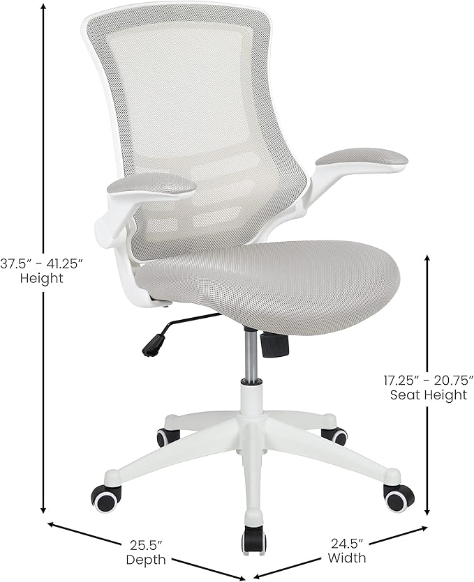 Flash Furniture Mid-Back Light Gray Mesh Swivel Ergonomic Task Office Chair with White Frame and Flip-Up Arms | White Frame, Mid-Back, Flip-Up Arms, Mesh Back - Image 3