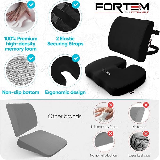 FORTEM Seat Cushion & Lumbar Support for Office Chair, Wheelchair, Car | Memory Foam | Ergonomic Design | Washable Cover | Non Slip | Black - Image 7