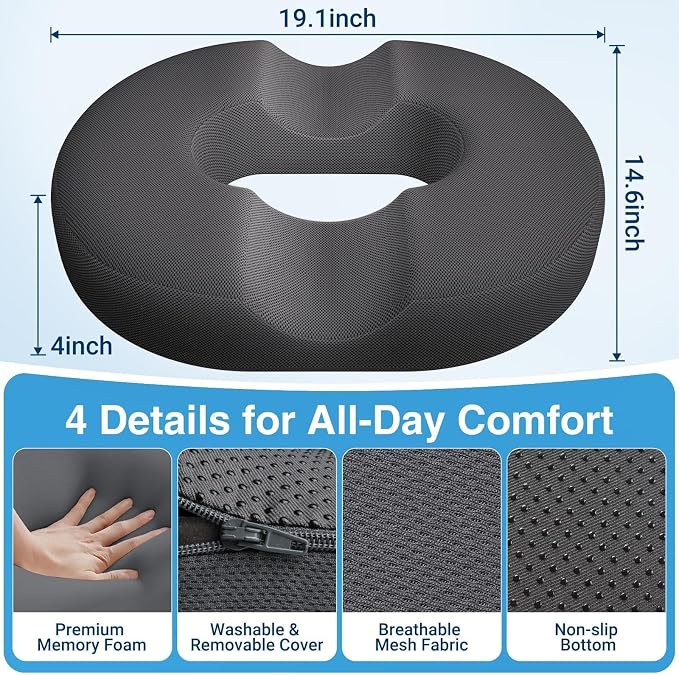 Donut Seat Cushion, Hemorrhoid Pillow, Office Chair Cushion, Gray, XX-Large | Ergonomic Design, Breathable Cover, for Tailbone Pain, Hemorrhoids & Long Sitting Hours, for Home & Office, - Image 5