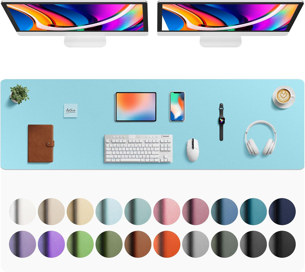 Aothia Faux Leather Desk Mat - Large Mouse Pad, Non-Slip PU Leather Blotter, Waterproof Writing Surface for Office and Home (Blue Topaz, 63" x 17") by Aothia