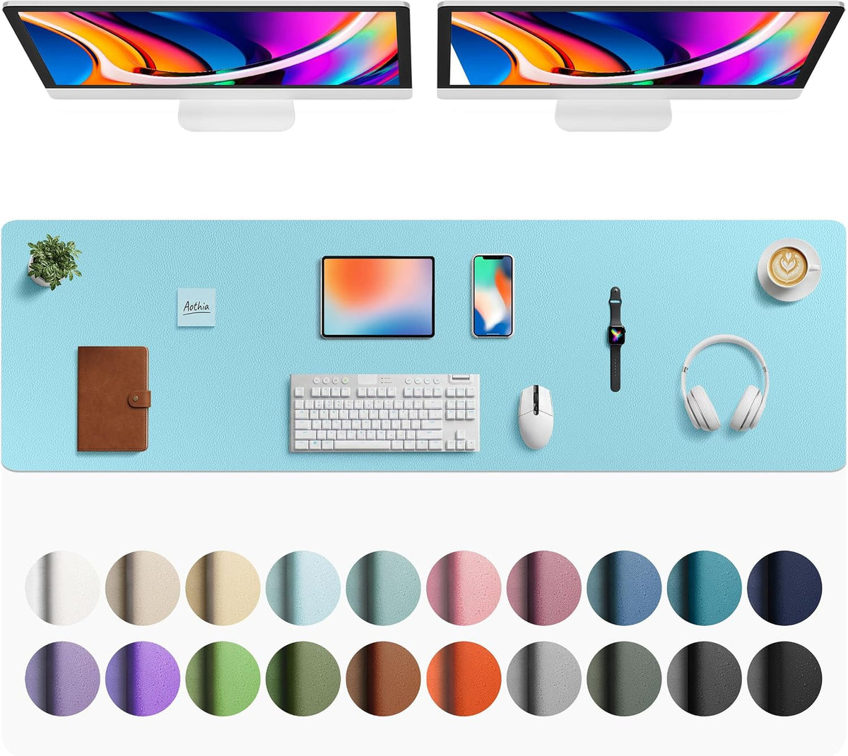 Aothia Faux Leather Desk Mat - Large Mouse Pad, Non-Slip PU Leather Blotter, Waterproof Writing Surface for Office and Home (Blue Topaz, 63" x 17") by Aothia