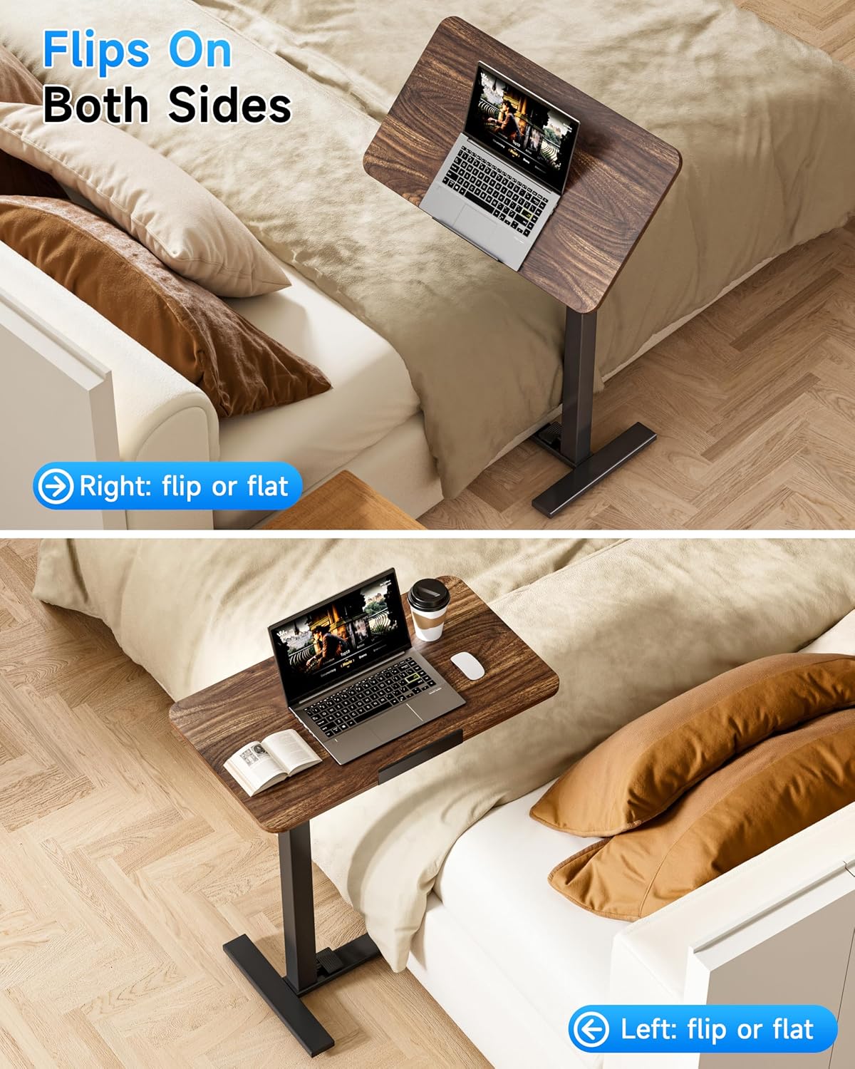 Mobile Standing Desk Laptop Desk Pneumatic with Wheels 180° Tilt Top Hospital Bed Table Portable Rolling Cart Foldable Bedside Table for Hospital&Home Use, Walnut - Image 5