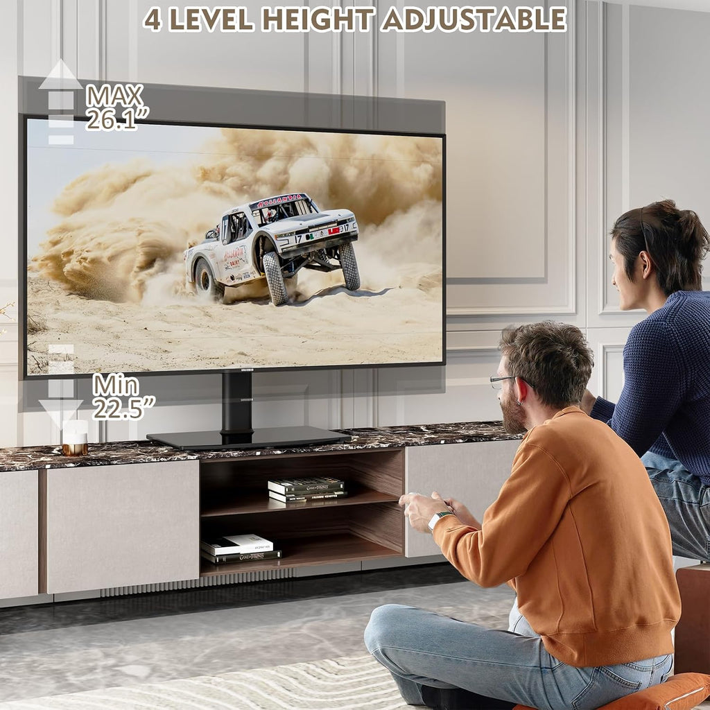 Universal Swivel/Table Top TV Stand 27 to 60 inch TVs 80 Degree Swivel, 4 Level Height Adjustable, Heavy Duty Tempered Glass Base, Holds up to 99lbs Screens, HT04B-001 - Image 4